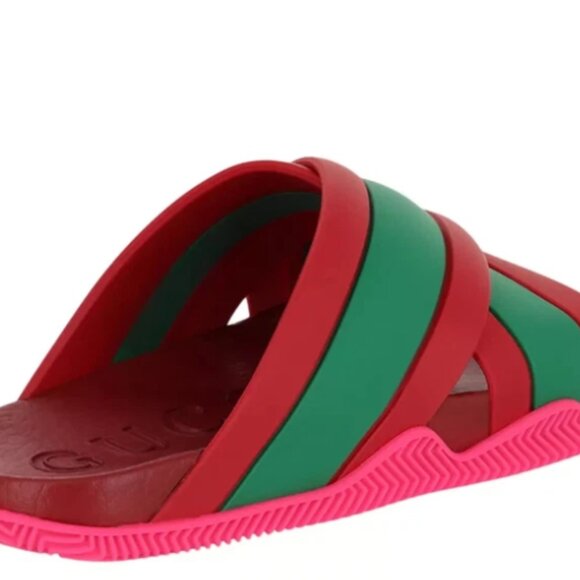 GUCCI 627820 Web Stripe Slide Sandal Coral Pink Green Red Women’s - Picture 5 of 5